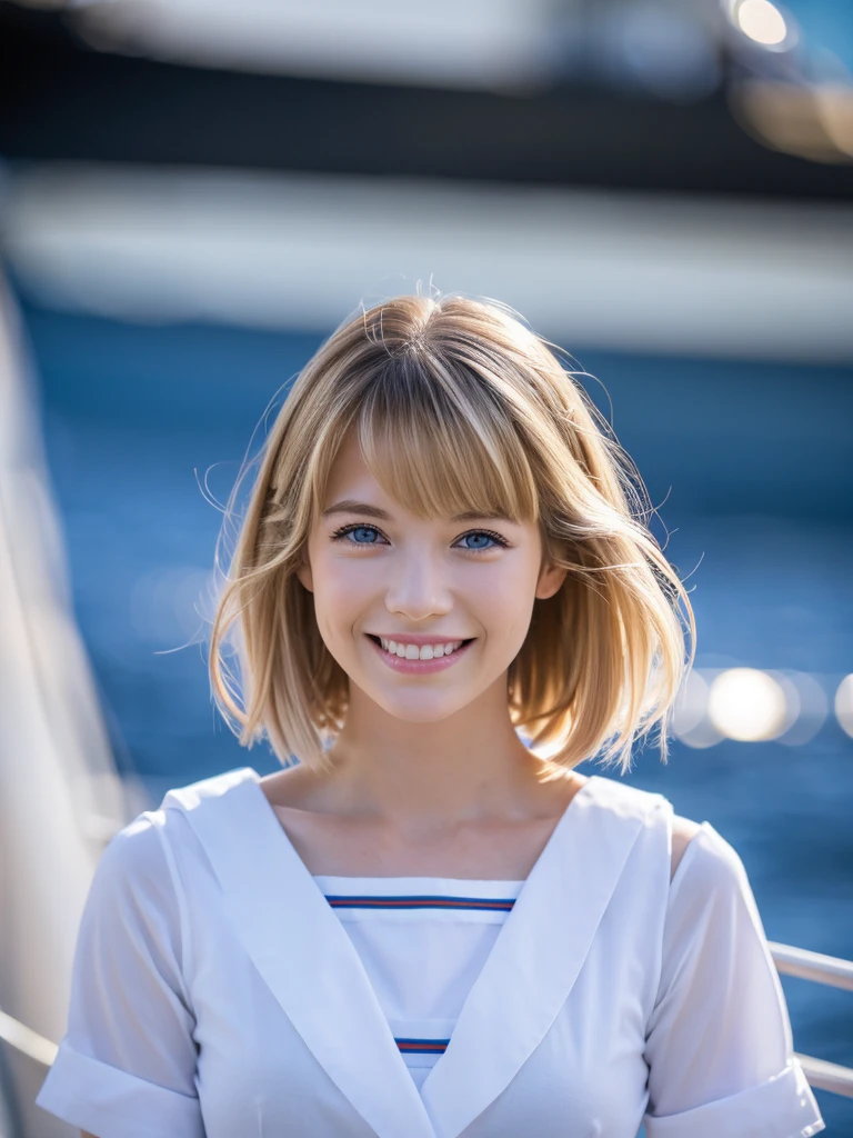 {{masterpiece, best quality, extremely detailed CG, unity 8k wallpaper, cinematic lighting, }}, Sony α7, wide frame, South Pacific, during war with Asian powers, wind blowing on Aegis ship, 1 Girl, Full Body, smile, she is a US Navy sailor, Caucasian, 20 Years Old, Smile, Blonde Hair, Short Bob, blue eyes , long eyelashes ,