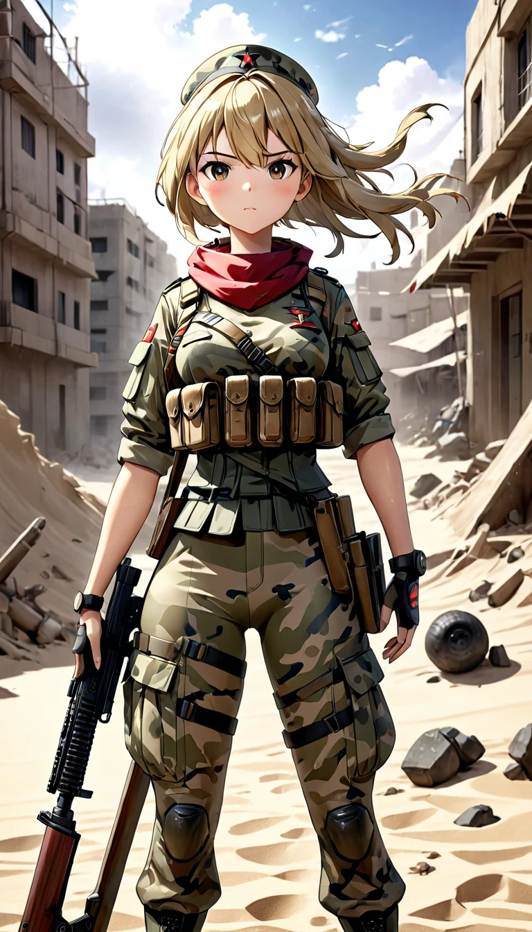 Una chica militar fuertemente weaponda, weapon:1.3, Military camouflage pattern, rugged and battle-worn, 3D Anime Representation:1.5, Very detailed, cinematic lighting, dramatic shadows, sandy and dirty, epic scale, award-winning digital art, ultra high definition, photorealistic, masterpiece