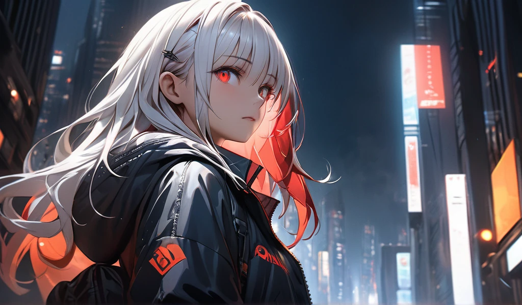 monochrome, (((depth of field))), pov, 16k resolution, ultra-realism, cyberpunk, clear depiction, Cinematic lighting effects, Volumetric lighting, ((((The scene is a very dark night, night, dark, dim)))), The scene is densely filled with skyscrapers, neon arts background, BREAK (masterpiece, best quality), detailed and realistic skin texture, Detailed and intricate brushwork, A girl is standing among skyscrapers, finely detailed eyes, 1girl, solo, red eyes, glowing eyes, beautiful girl, multicolored hair, white hair, red hair, long hair, windbreaker jacket, hands in pockets, from below, upper body