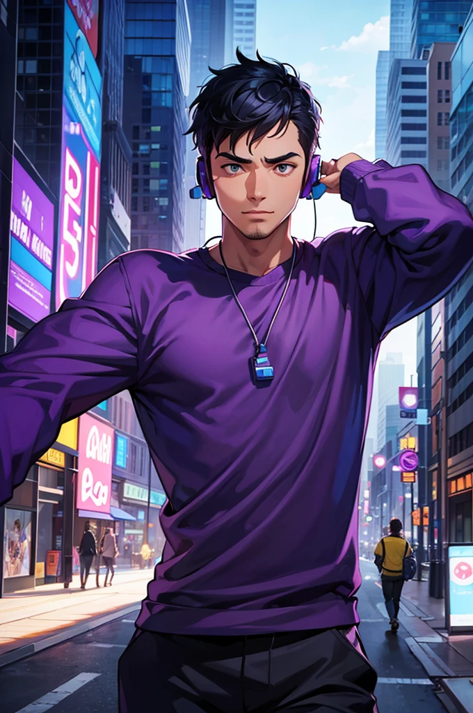 cartoon illustration of a man in a purple shirt with blue and with headphones standing in a city, official art, epic art style, official fanart, highly detailed official art, official illustration, official concept art, #pixelart:3, style supernatural art, official fan art, detailed fanart, unknown art style, official rendering, official character art, game art!!, background art, official hdr art