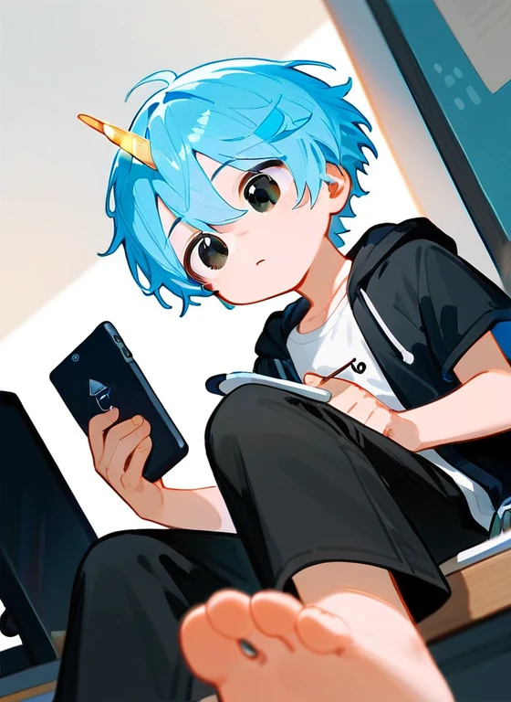 A cute boy is drawing on a tablet.，Hold a pen in your right hand，Show your feet,Low Angle，barefoot, Foot Focus,White T-shirt, Black Hooded Jacket, There are bangs between the eyes,short hair,Light blue hair, Black pants, Anatomically correct, 头部中间有一个蓝色的Unicorn,Unicorn， black eyes，