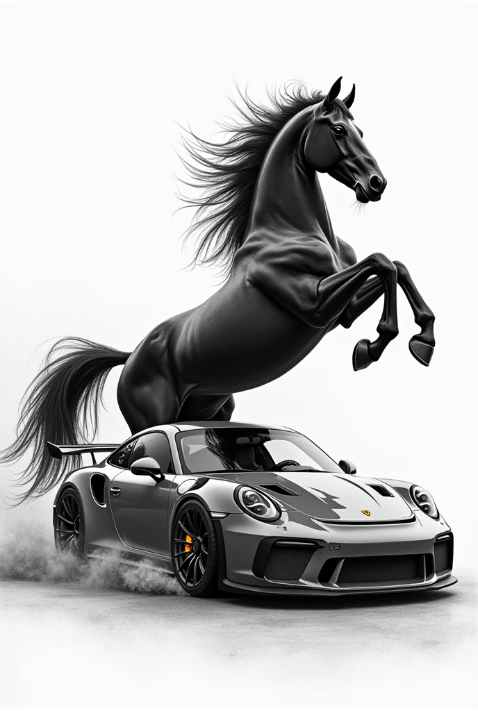 Pencil drawing that creatively combines a Porsche 911 GT3 car and a black horse that appears as if it's jumping over the car. 