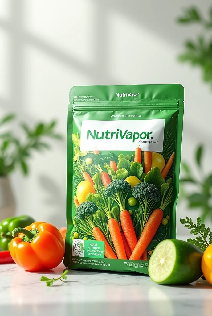 Create an image of a packaging for steaming cooked vegetables and put the Nutrivapor brand on it.