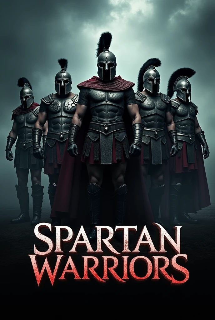 A high-quality dark fantasy poster featuring a group of fierce Spartan warriors standing against a dark, stormy backdrop. Each warrior is depicted with a unique, gothic-like armor design, adding a mystical and ominous touch to the scene. The typography at the bottom of the poster is bold and intricately designed, matching the overall dark and fantastical theme. The title, distressed font, giving a sense of history and legend., dark fantasy, typography, poster