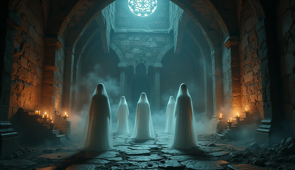 A Halloween background inside an ancient, crumbling castle, with glowing runes on the walls, floating candles lighting the space, and ghostly figures drifting around, detailed and atmospheric