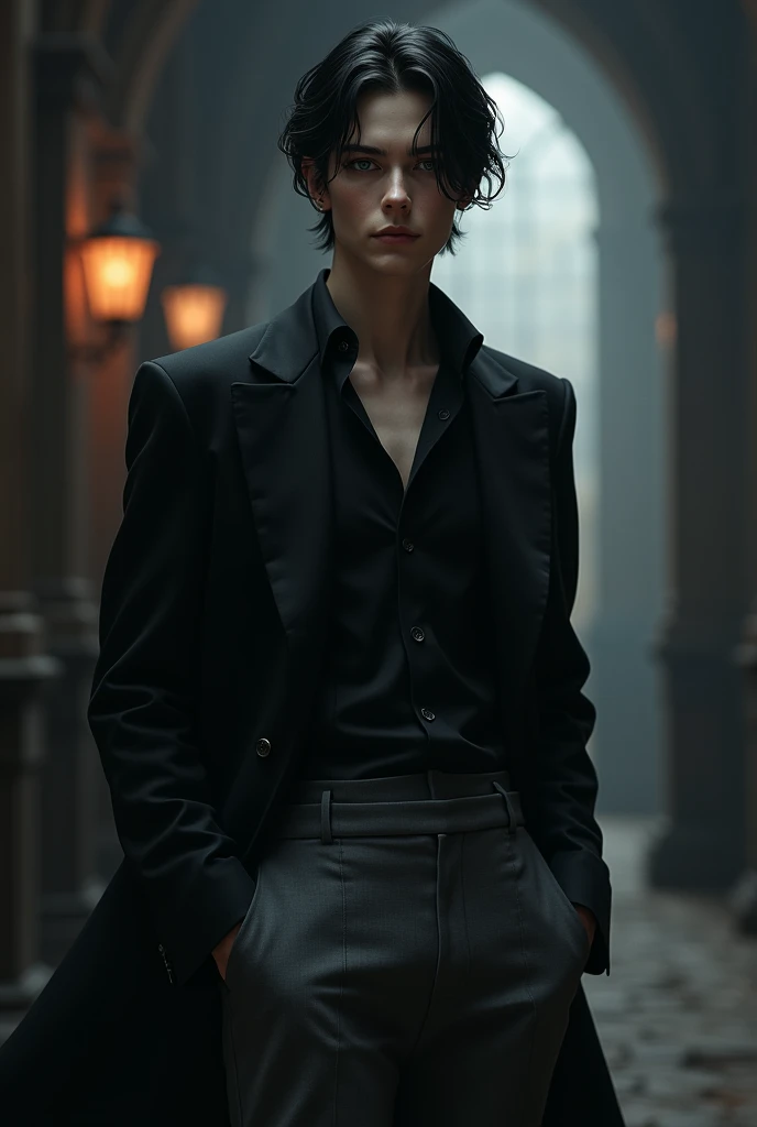 Vampire about 19 years old,with elegantly cut black hair,black shirt and gray pants, pale and tall