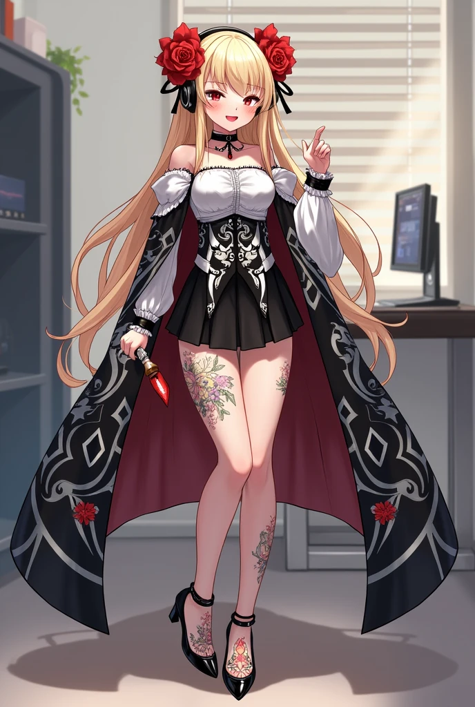 A stylized character in a striking outfit featuring a blend of traditional and modern elements. She has long, blonde hair adorned with red flowers and a black hairpiece. Her attire consists of a black mini skirt decorated with white patterns, a white blouse with black accents, and a flowing black and white cape embellished with floral designs. She holds a slender accessory in one hand and stands confidently, showcasing intricate tattoos on her legs and fashionable black heels with floral details. He is streaming in front of his computer, wearing a headset, laughing