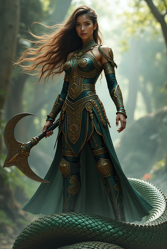 A Thai female warrior with long brown hair, wearing black and gold armor, holding a large sickle as a weapon, standing on the head of a green naga serpent.