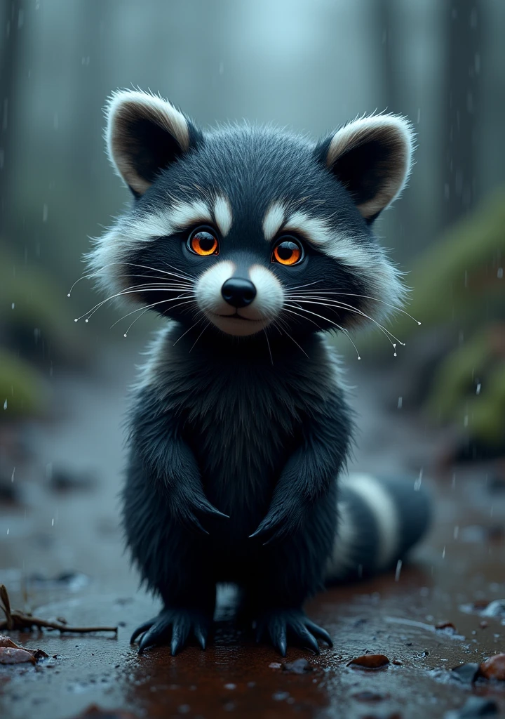 A mesmerizing 3D render of a surreal baby raccoon, boasting a striking dark black fur infused with titanium and enchanting glowing eyes. The raccoon stands undeterred in the midst of a torrential downpour, with raindrops shimmering and reflecting its luminous features. The background unveils a conceptual, ethereal world, brimming with wonder and otherworldly charm, inviting the viewer to explore the depths of this fantastical realm., 3d render, photo, conceptual art