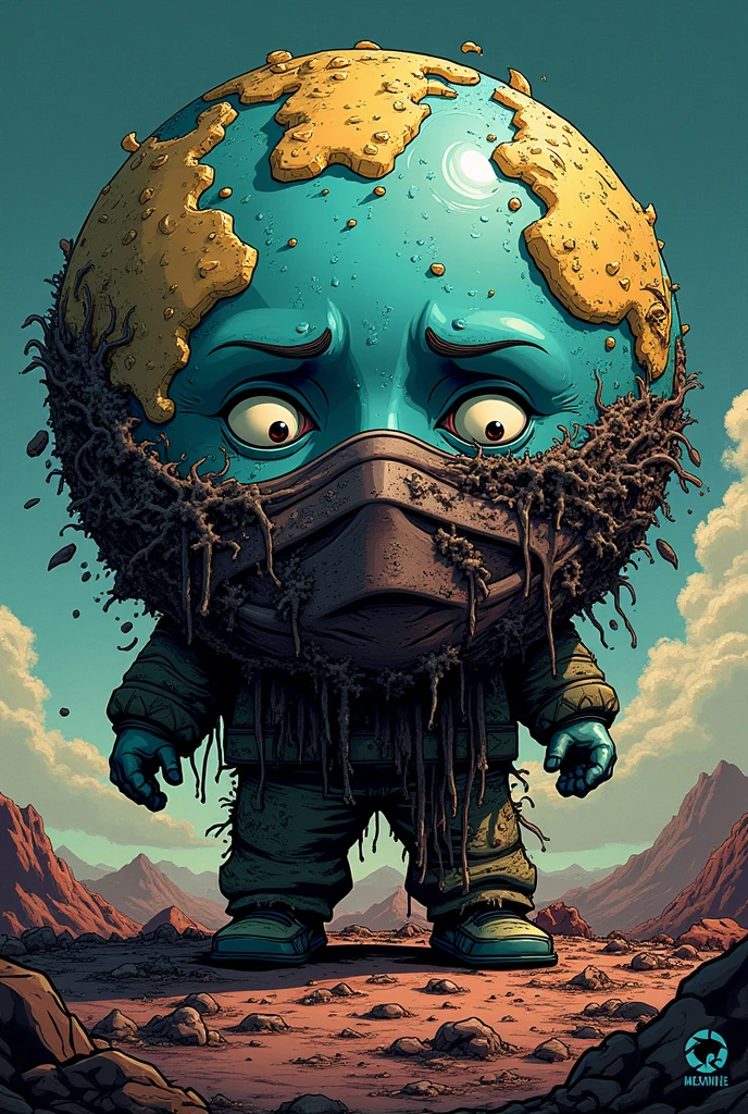 Earth planet in comic book form with a sad face and a mask with pollution on top 
