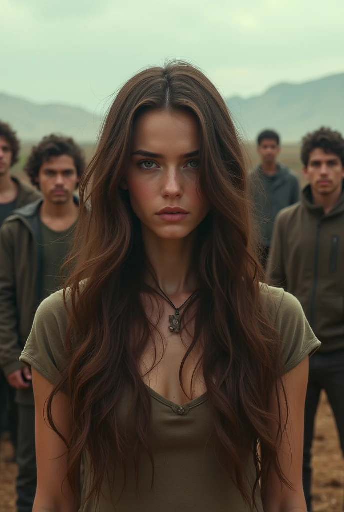 creer une fille brune cheveux long fasse a un groupe de jeune homme tous physiquement différents dans une plaine dans un univers apocalyptique