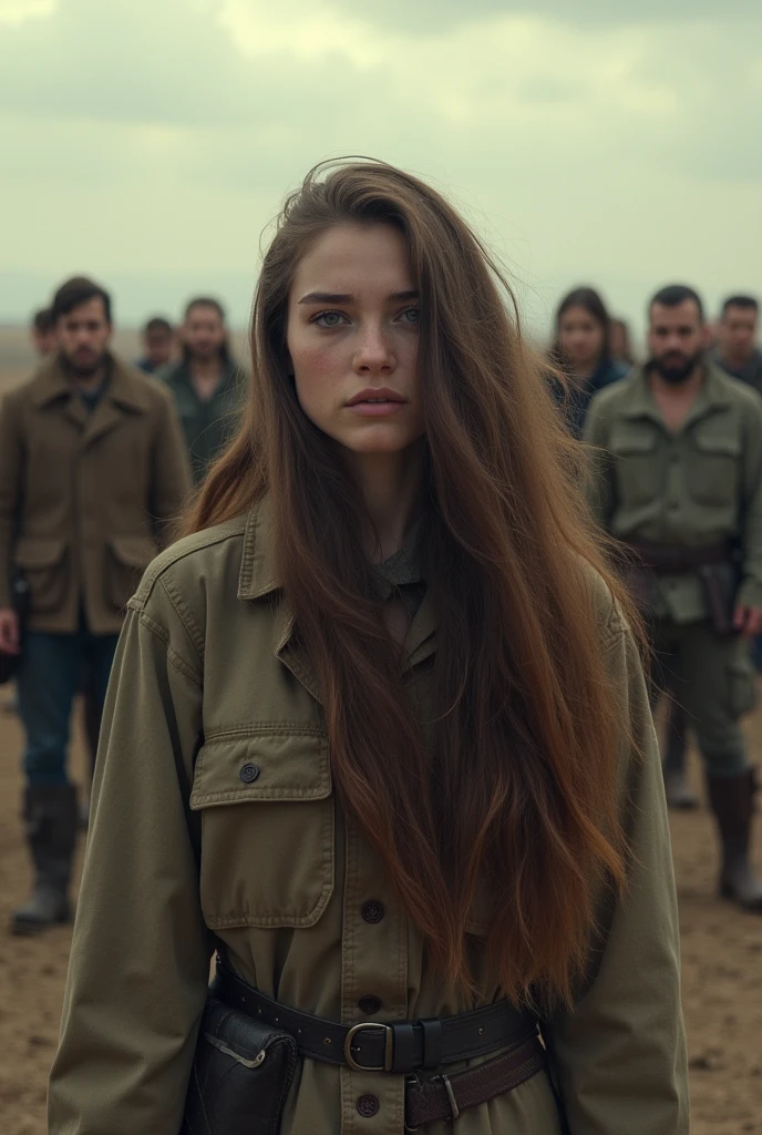 creer une fille brune cheveux long fasse a un groupe de jeune homme tous physiquement différents dans une plaine dans un univers apocalyptique