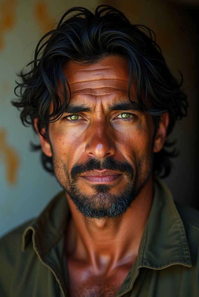 A 32 year old man, ancient, black hair and green eyes, tan skin of Colombian nationality