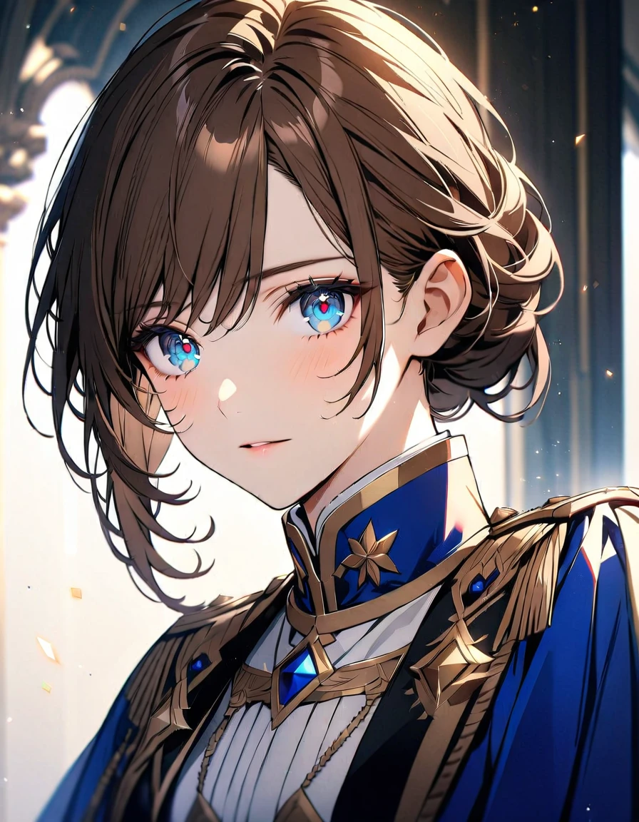 (Highest quality), (Very detailed),so beautiful, female, brown hair, detailed blue eyes, handsome, noble uniform, noble clothes, beautiful detailed eyes