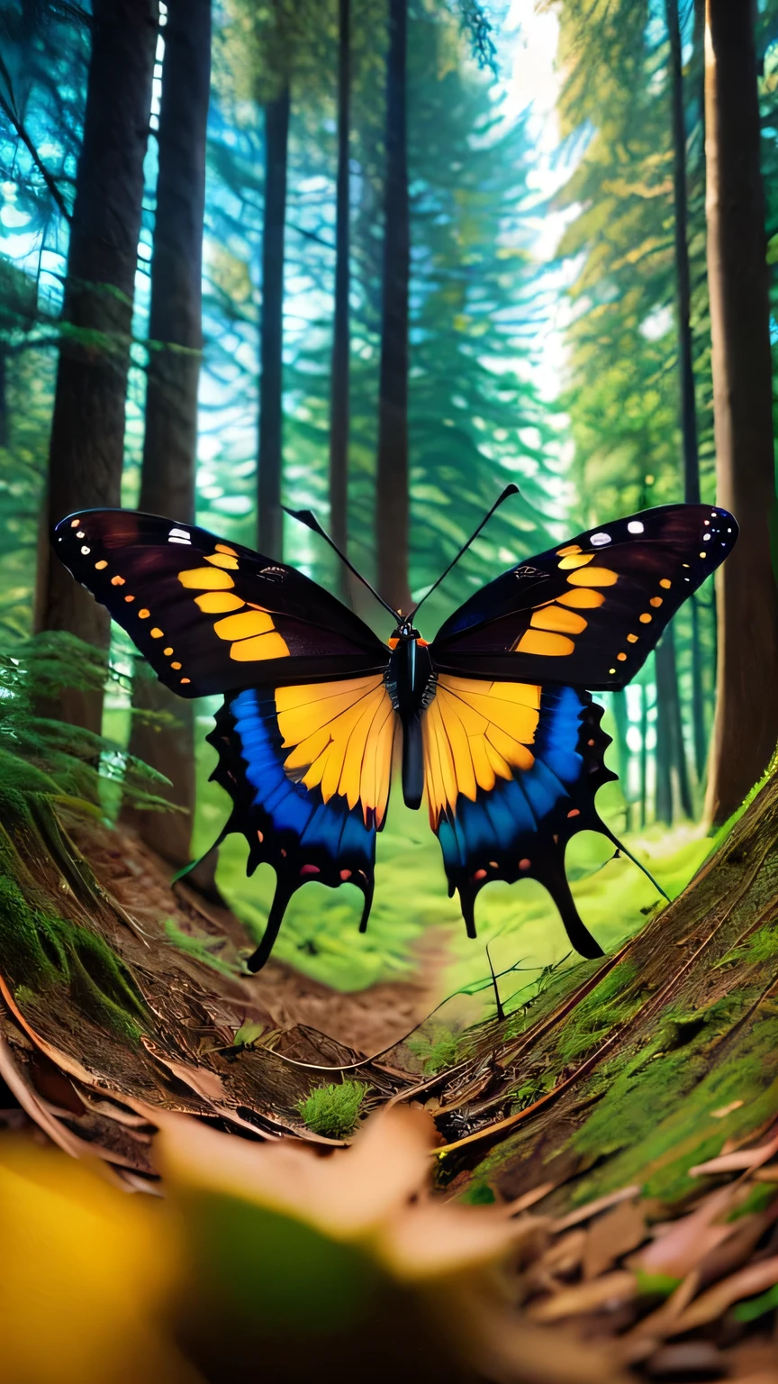 butterfly flying, ((forest)), ((trees)), ((WIDE VIEW)), with open wings, (best quality, high resolution, masterpiece: 1.2), ultra-detailed, (realistic, photorealistic, photo-realistic: 1.37), HDR, UHD, Studio Lighting, Ultra-Fine Painting, Sharp Focus, Physically Based Rendering, Extreme Detail Depiction, Professional, Vivid Color, Portraits, Photography, Masterpiece, High Resolution Scan, (Photography: Canon 5D, 50 Zeiss Lens mm), ultra HD, HDR, grade, (professional color grading), sharp focus, natural lighting, ((intricate detail)), (reality: 1.4), (very detailed), light, super detail, 8k, best quality, 8k, best quality, Awards, high resolution, Textured Skin, Anatomically correct, ultra HD, accurate