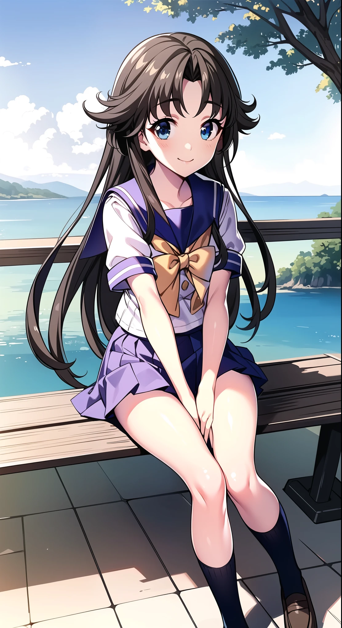  (Masterpiece:1.3),Best quality, high resolution,8k,Black hair,llong hair,sailor collar with a white stripe, yellow bow, blue pleated skirt,school_uniform, purple school uniform,short_sleeves,best smile, beautiful scenery, mini_skirt,bench, skirt that rolls up, beautiful scenery, incredible views,summer,(visible panties),sitting