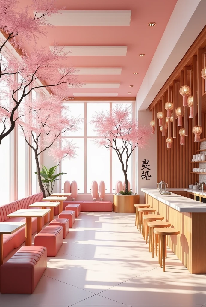 Cafeteria with cherry blossom trees in the decoration, with pink colors, white and gold and in the modern traditional Japanese style 

