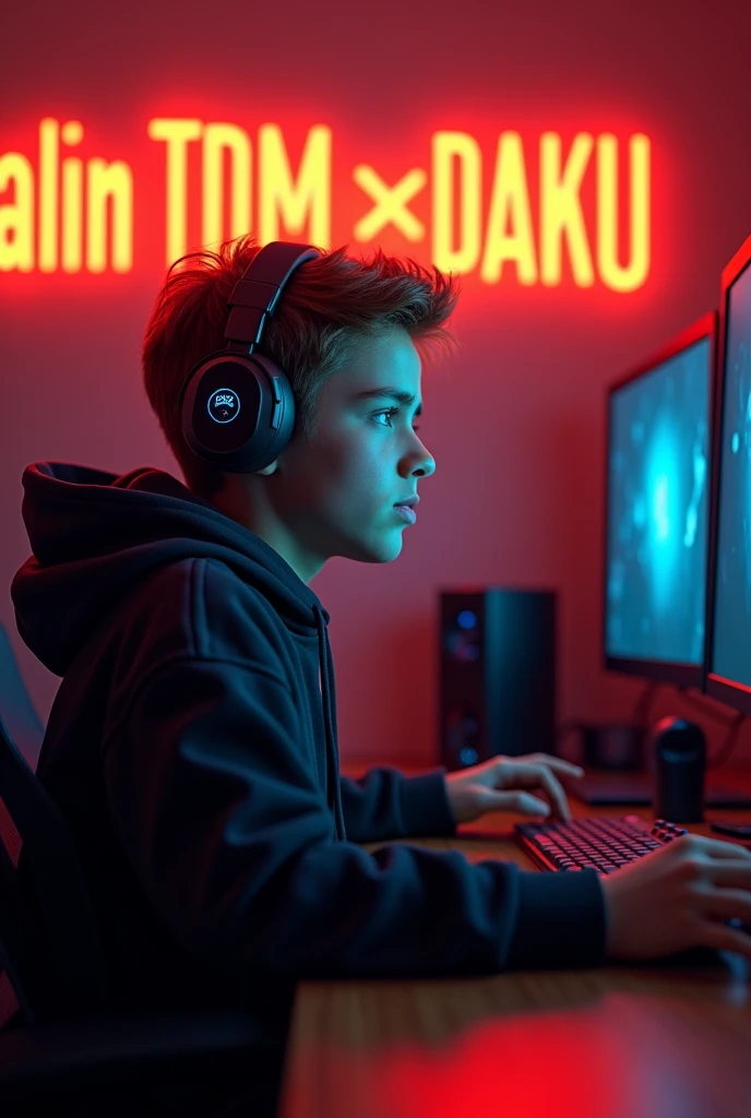 Create A 3D Realistic image of a Boy sitting in gaming room on gaming chair and playing on pubg application on his pc. The boy must wear dark black hoodie headphones And his name "falinTDMxDAKU " is Written on his front wall with orange colour neon light.