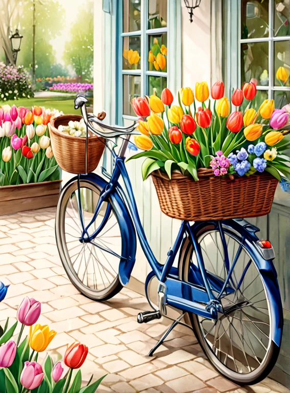 masterpiece, Beautiful detailed ultra high definition beautiful art with a beige bicycle,A bicycle with a basket of flowers in front of it. Hand-painted with a brush and watercolor. Perfect anatomy of tulips, Beautiful Garden, bicycle, Beautiful flowers, Dutch style,Strange and cute, Flowers everywhere, spring, Beautiful digital artwork for the garden, Detailed 4k, Very detailed numbers, Soft and rich colors, Gorgeous numbers