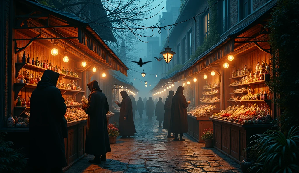 A Halloween night market in a dark alley, with stalls selling glowing potions, eerie masks, and spooky trinkets, all bathed in warm, flickering lantern light, filled with a mysterious and enchanted mood