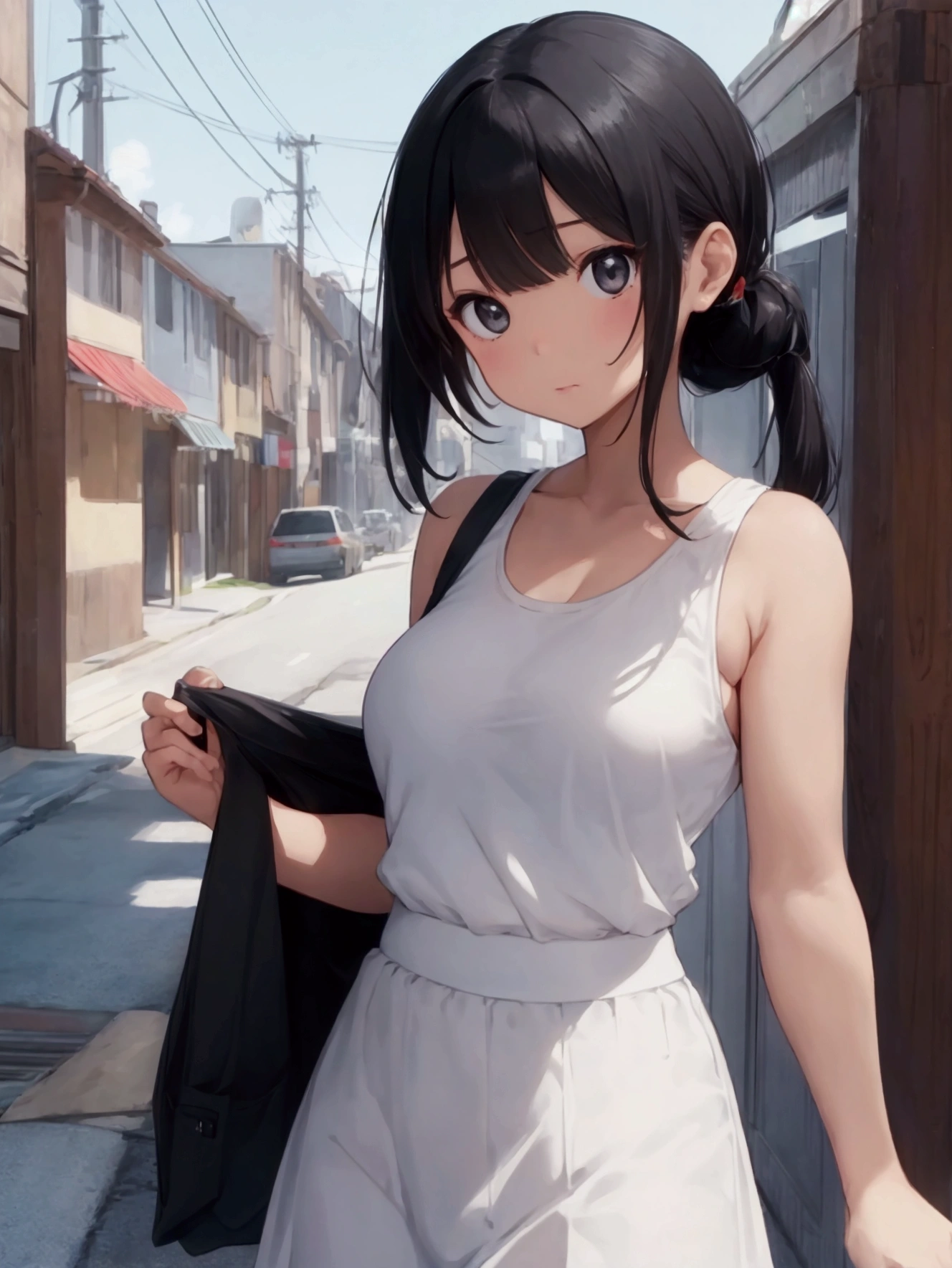 girl, , endomorph body type, medium breasts, innocent face, black eyes, black hair with bangs, wearing white tanktop and skirt