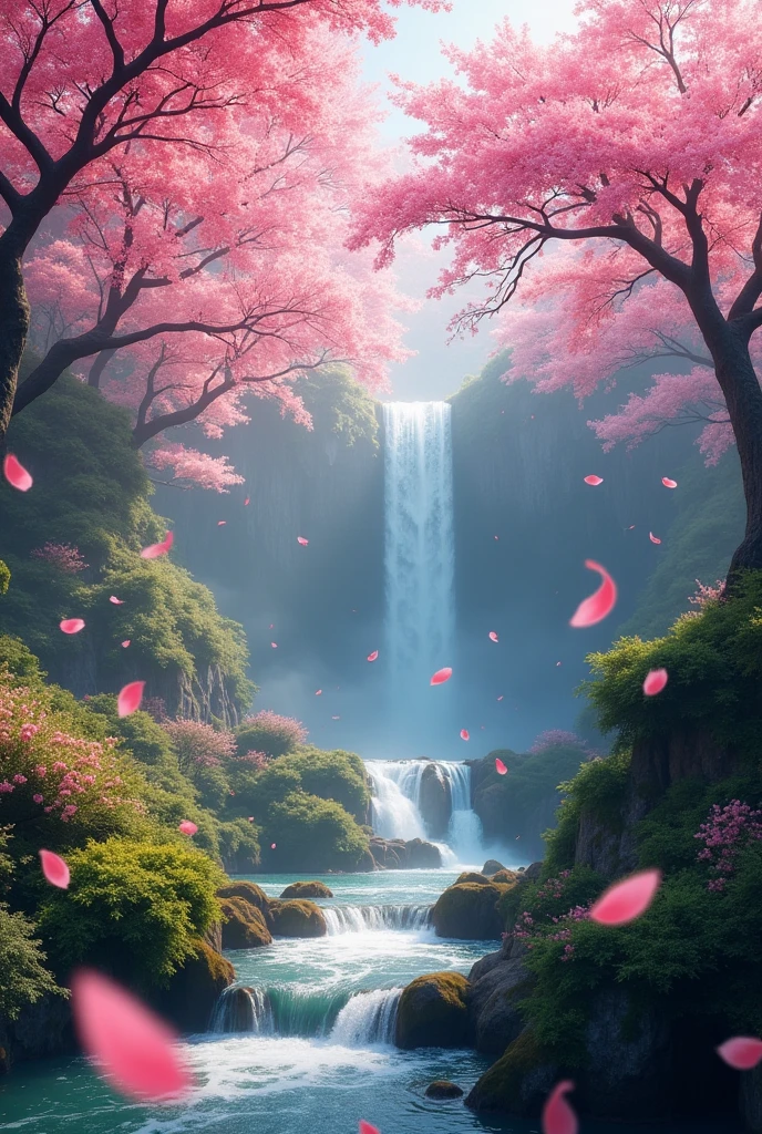A lush cherry blossom forest, flying leaves, cascading waterfall, photorealistic, cinematic lighting, vibrant colors, serene landscape, atmospheric, ethereal, stunning details