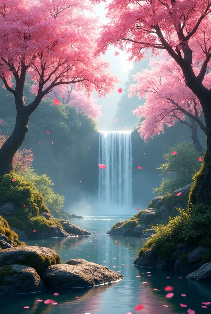 A lush cherry blossom forest, flying leaves, cascading waterfall, photorealistic, cinematic lighting, vibrant colors, serene landscape, atmospheric, ethereal, stunning details