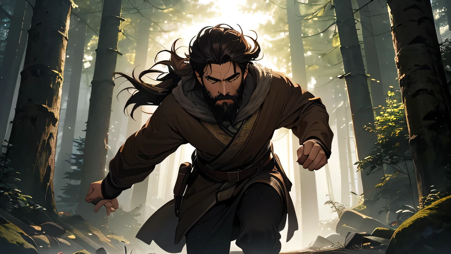 Scared man with dark brown beard, long dark brown hair, light yellowish brown eyes and dark brown and light brown robe from the 4th century BC, with a light brown cloak, about 50 years old, running in a dark and mysterious forest at night, running in the forest, moody lighting, hyper-realistic cinematic lighting,