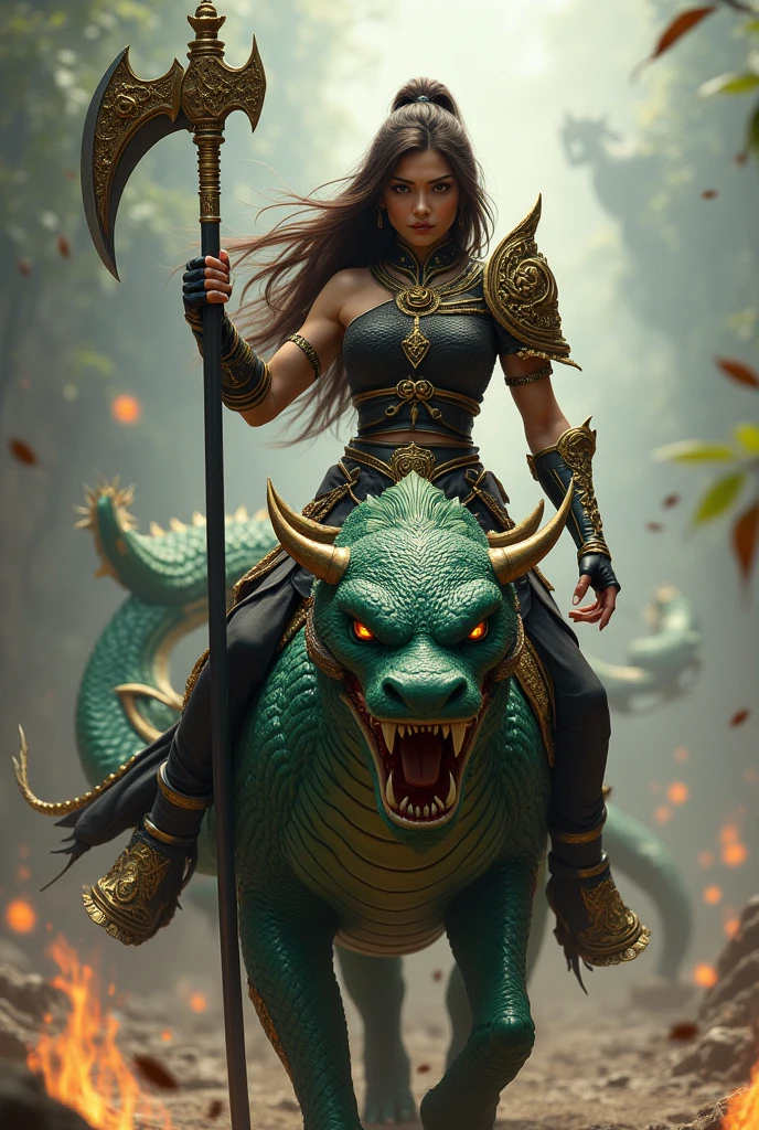 A Thai female warrior with long brown hair, wearing black and gold armor, holding a large sickle as a weapon, riding a green naga serpent.