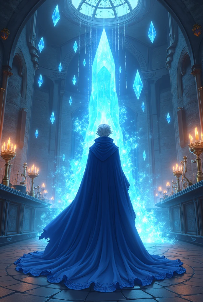 Best fantasy anime pictures、In blue robe、In the Medieval Lab、Crystals floating、