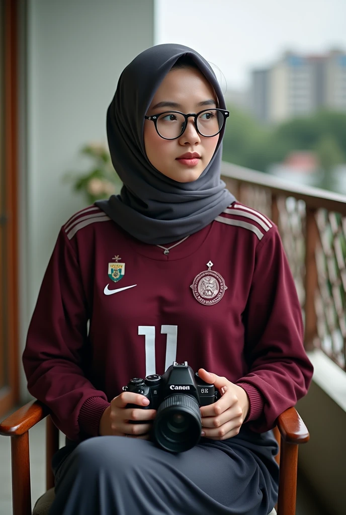 A young woman wearing hijab and glasses, with maroon jersey, sitting on a wooden chair at the balcony, holding a DSLR camera, detailed photo, high resolution photo, portrait photo