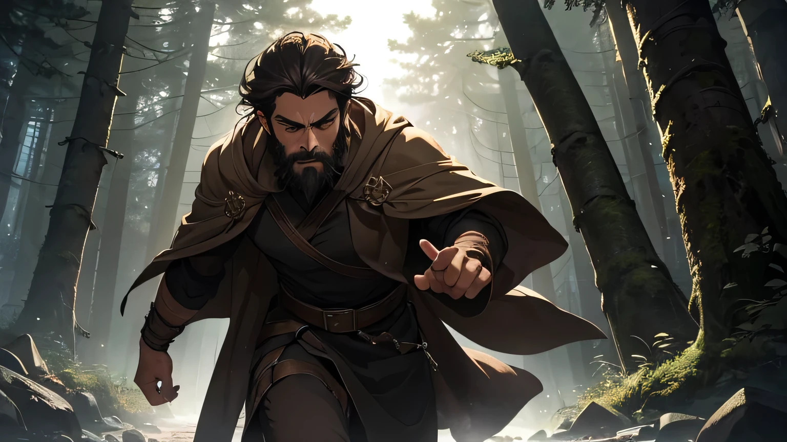 Scared man with dark brown beard, long dark brown hair, light yellowish brown eyes and dark brown and light brown robe from the 4th century BC, with a light brown cloak, about 50 years old, running in a dark and mysterious forest at night, running in the forest, moody lighting, hyper-realistic cinematic lighting,