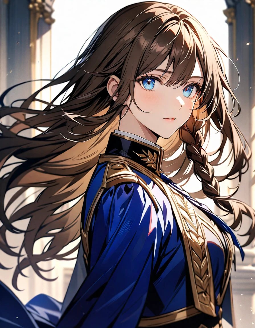 (Highest quality), (Very detailed),so beautiful, female, brown hair, detailed blue eyes, handsome, noble uniform, beautiful detailed eyes, long hair, half braided hair