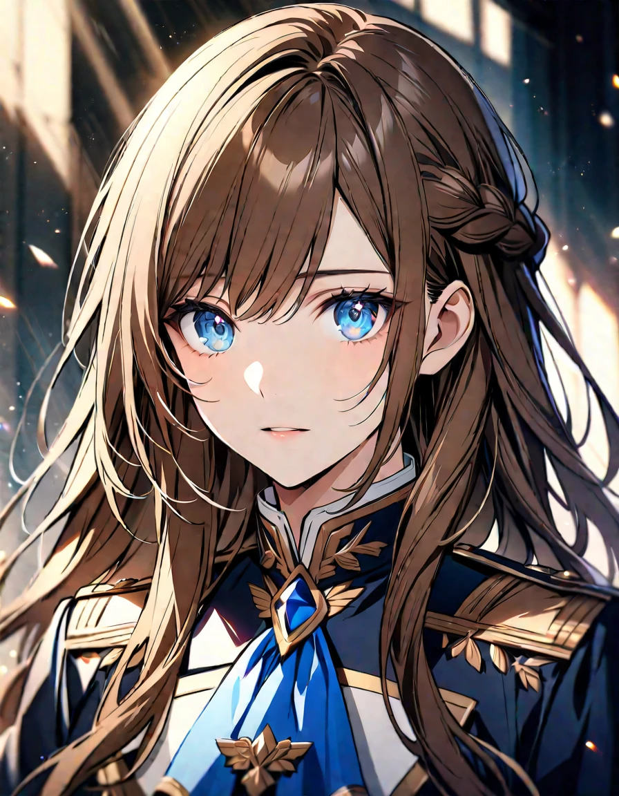 (Highest quality), (Very detailed),so beautiful, female, brown hair, detailed blue eyes, handsome, noble uniform, beautiful detailed eyes, long hair, half braided hair