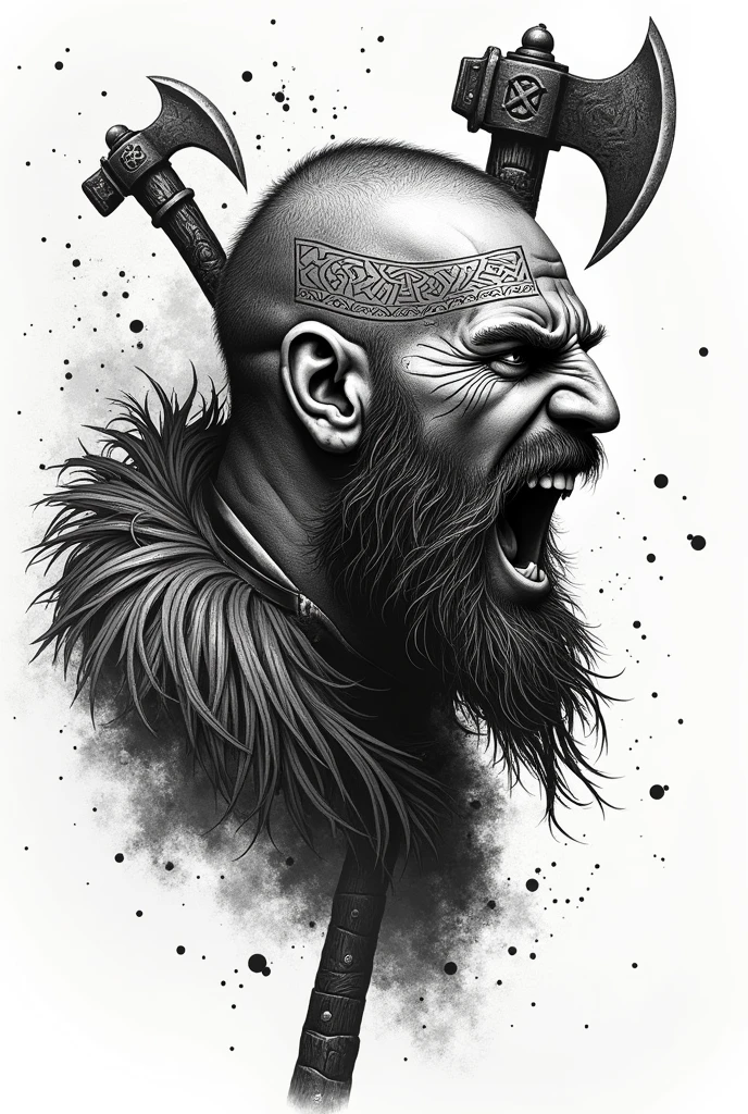 Create a black and white tattoo of a warrior gardener viking in pointillism, in profile screaming with Viking runes and sharp axes for a tattoo