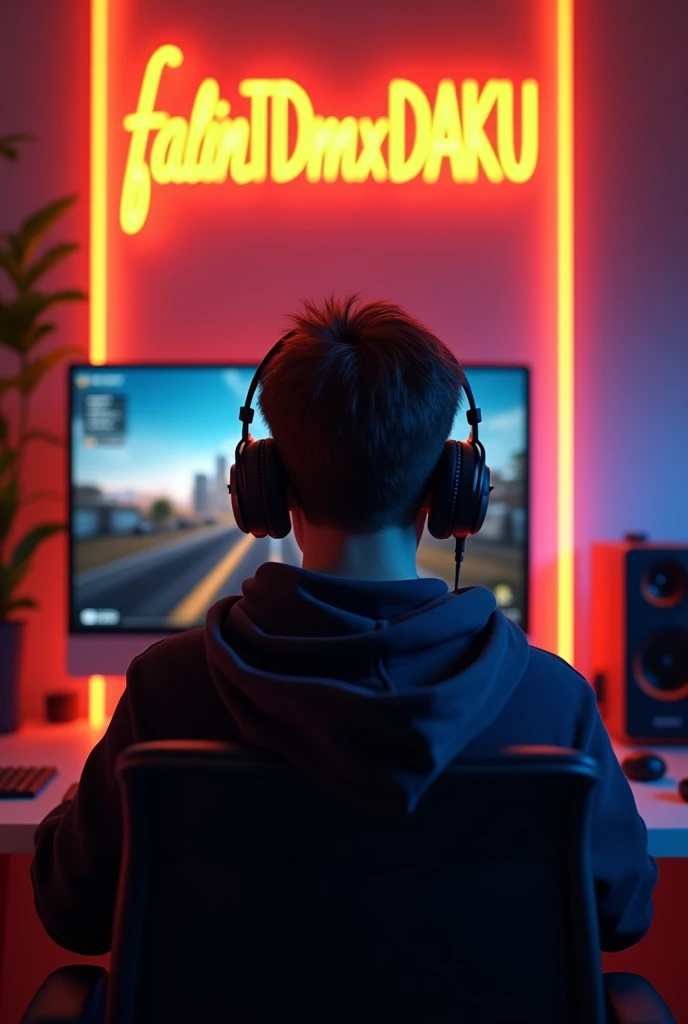 Create A 3D Realistic image of a Boy sitting in gaming room on gaming chair and playing on pubg application on his pc. The boy must wear dark black hoodie headphones And his name "falinTDMxDAKU " is Written on the wall with orange colour neon light.