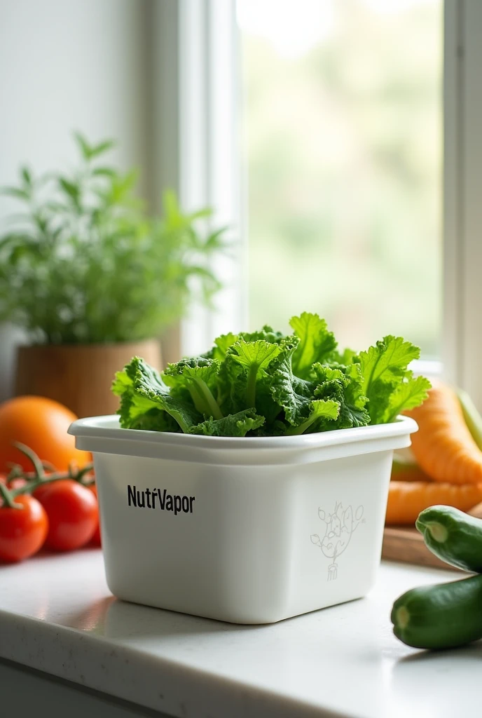 Create an image of a sustainable packaging in the shape of a container to pack steamed vegetables and put the NutriVapor brand on it.