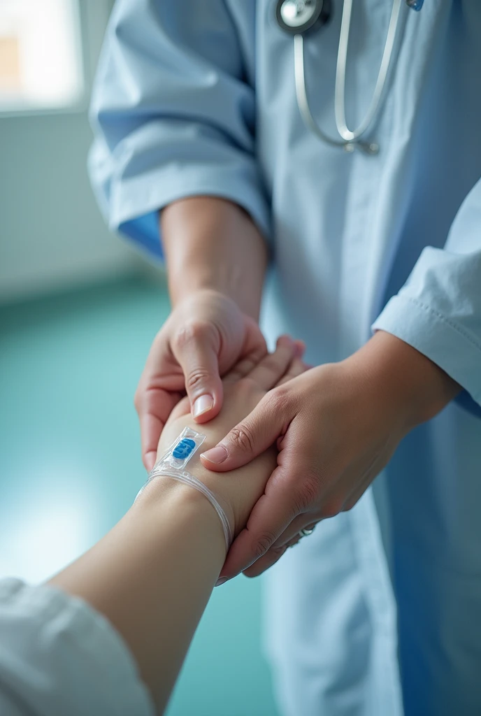 Realistic photo of a hand with IV Line in a hospital