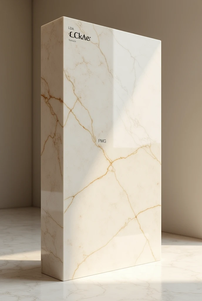 One big Beige colour turkish marble block showing two sides. On one side LIDA marking at the corner and on the other side PMG marking at the center of the block face