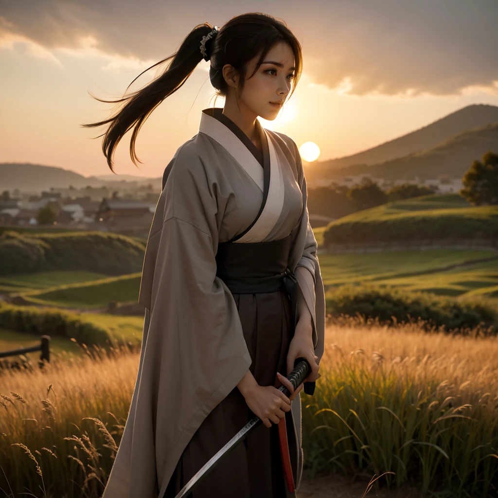 A lone samurai woman standing in a peaceful field at dusk, ready to draw her katana. She is wearing traditional samurai attire from the Sengoku period of Japan, consisting of a black and dark brown kimono-style robe with wide sleeves, tied with a dark obi around her waist. Her right hand is gripping the hilt of her katana, positioned near her waist as she prepares to draw it, while her left hand is steadying the sheath. Her posture is tense but focused, capturing the precise moment before action. Her hair is tied up in a traditional warrior style, and her face shows calm determination. The scene is set in a quiet field with tall grasses swaying gently in the wind, under the fading light of dusk. The color palette is soft and muted, with earthy tones for both the environment and her attire, and the background is simple, with birds flying in the distance."Additional Parameters:Style: Realistic, with a focus on action and tension in the poseLighting: Soft dusk lighting with warm, fading sunlight casting long shadowsColors: Dark black and brown tones for the attire, earthy and muted tones for the grass and skyComposition: The samurai woman centered, in a poised stance, with her katana halfway drawn, the quiet field around her creating a sense of serenity and focusEnvironment: Quiet field at dusk, soft wind moving the tall grass, birds flying in the distance