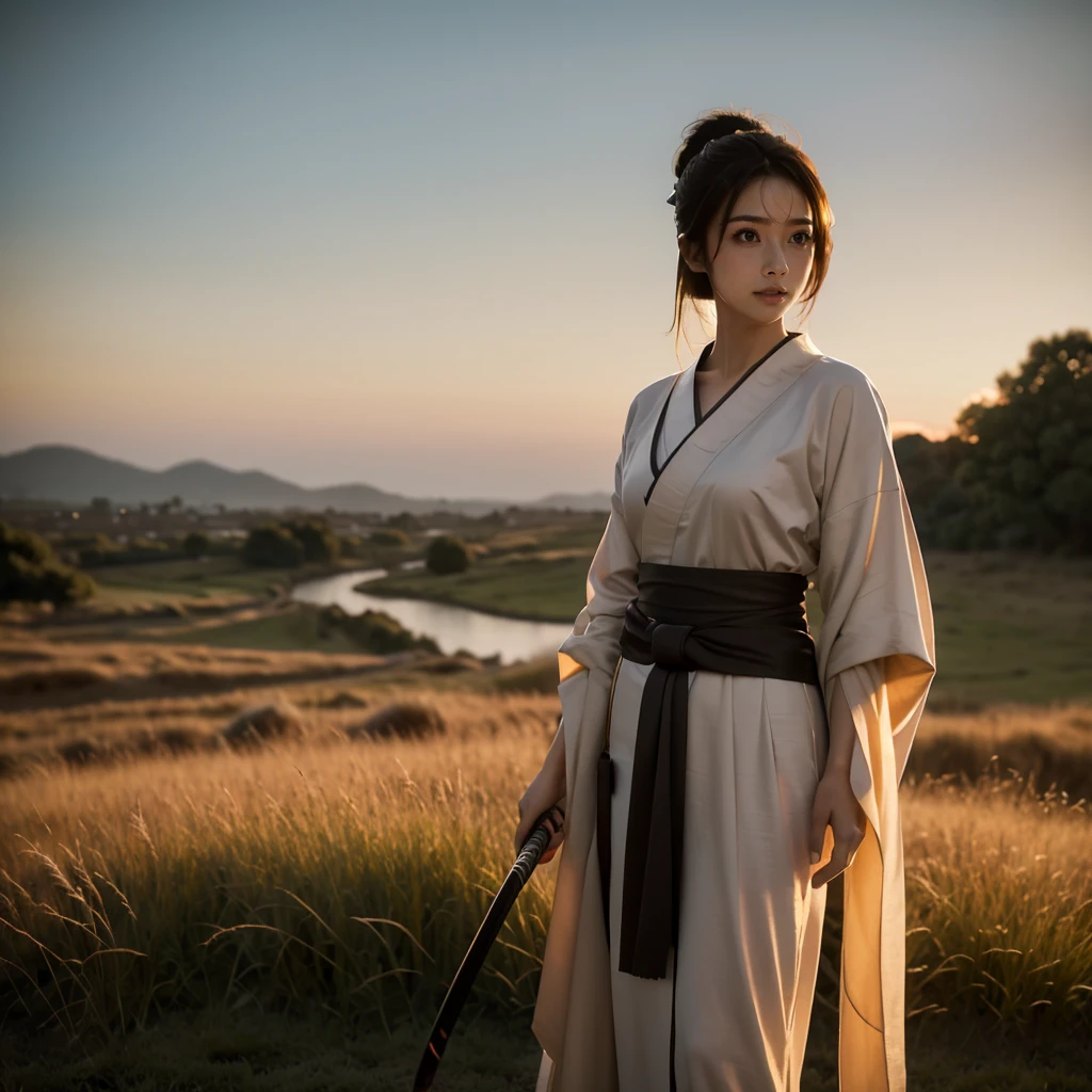 A lone samurai woman standing in a peaceful field at dusk, ready to draw her katana. She is wearing traditional samurai attire from the Sengoku period of Japan, consisting of a black and dark brown kimono-style robe with wide sleeves, tied with a dark obi around her waist. Her right hand is gripping the hilt of her katana, positioned near her waist as she prepares to draw it, while her left hand is steadying the sheath. Her posture is tense but focused, capturing the precise moment before action. Her hair is tied up in a traditional warrior style, and her face shows calm determination. The scene is set in a quiet field with tall grasses swaying gently in the wind, under the fading light of dusk. The color palette is soft and muted, with earthy tones for both the environment and her attire, and the background is simple, with birds flying in the distance."Additional Parameters:Style: Realistic, with a focus on action and tension in the poseLighting: Soft dusk lighting with warm, fading sunlight casting long shadowsColors: Dark black and brown tones for the attire, earthy and muted tones for the grass and skyComposition: The samurai woman centered, in a poised stance, with her katana halfway drawn, the quiet field around her creating a sense of serenity and focusEnvironment: Quiet field at dusk, soft wind moving the tall grass, birds flying in the distance