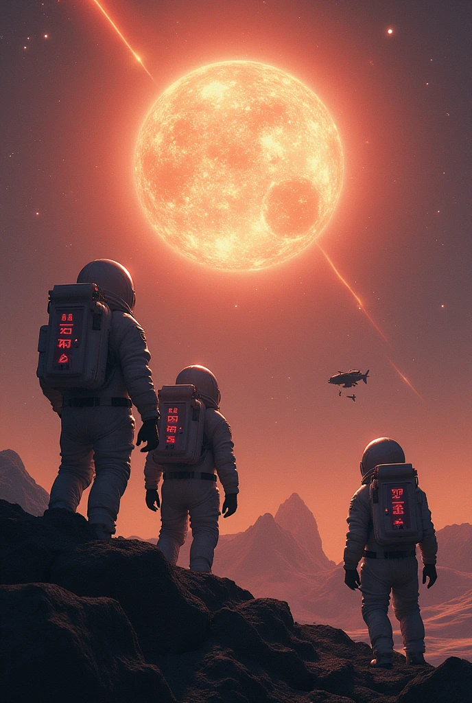 Astronauts being attracted by a blazar
They are scare
On the background there are Starz, cable and an spaceship broken