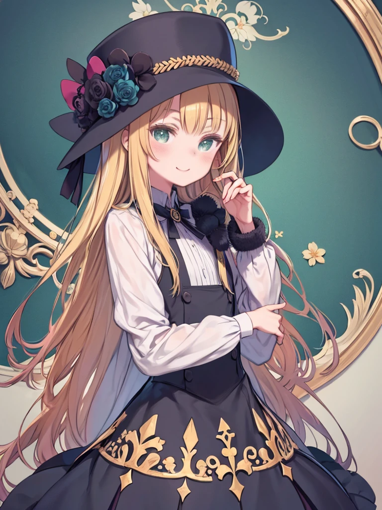 Highest quality, masterpiece, High resolution, alone, {Pure_fgo:1.15}, 前hair, blonde_hair, length_hair, smile, Have, flower, green_eye, black_hat, Inclined_hat, hair_ornament, blush, Closed_mouth, hair_flower