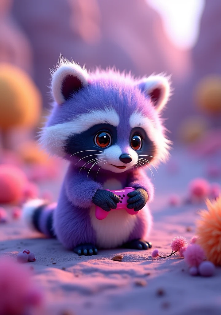 A mesmerizing and dreamlike 3D render of an adorable, extra fluffy baby raccoon in vibrant violet hues. Its soft, plush-like fur contrasts with the large, expressive eyes, creating an irresistibly cute appearance. The raccoon playfully grips a miniature game controller, adding an endearing touch. Surrounding it is a digital landscape of colorful, abstract shapes that further enhance the whimsical atmosphere. The harmonious blend of conceptual art and photography in this captivating image transports the viewer into a fantastical, dreamlike world., 3d render, conceptual art, photo