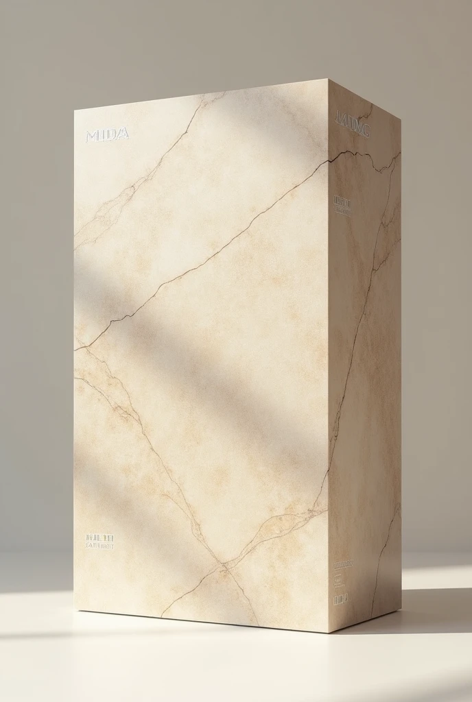 One big Beige colour turkish marble block showing two sides. On one side LIDA marking at the corner and on the other side PMG marking at the center of the block face