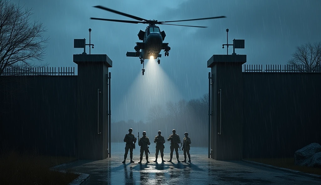 
imagine a helicopter passing over a metal wall with a metal gate at night raining with soldiers at the bottom of the wall