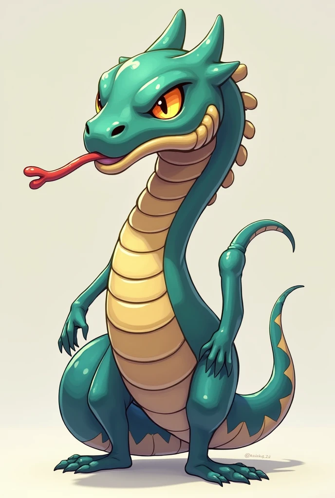 A small Chibi baby humaniod creature.
Appearance: a chimera , half king cobra snake half man .
Mans upper body , snake face and lower body. Two tails, menacing eyes.
Style : cel shaded , 3d , anime, Full-body, t pose.
This is a digimon