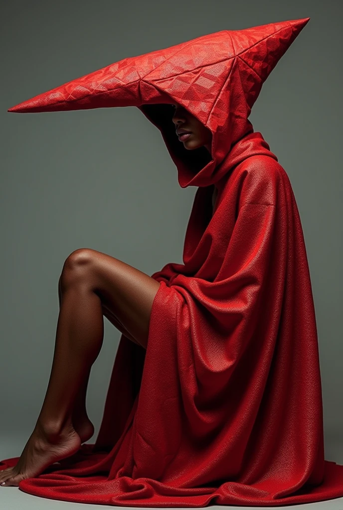 A figure draped in a shimmering red  garment with a unique geometric pattern. The garment has a pointed, elongated structure extending from the head, resembling a helmet or mask. The figure is seated, with one leg extended forward and the other bent. The background is muted, emphasizing the figure and the garment., fashion