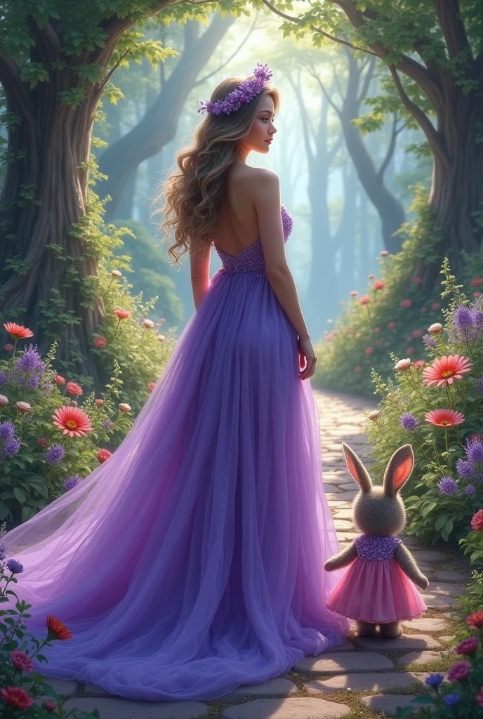A woman with a beautiful and flowing purple dress, in an enchanted garden next to a bunny wearing a pink overall