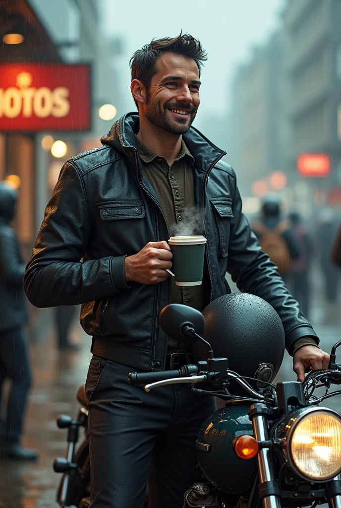 man dressed for riding in the rain, standing, with his helmet under his arm, arriving from the street with his motorcycle, all wet, to park his motorcycle in the parking lot called MOTOS PARKING, smiling, drinking a cup of hot coffee. and more people in the background parking their motorcycles.
